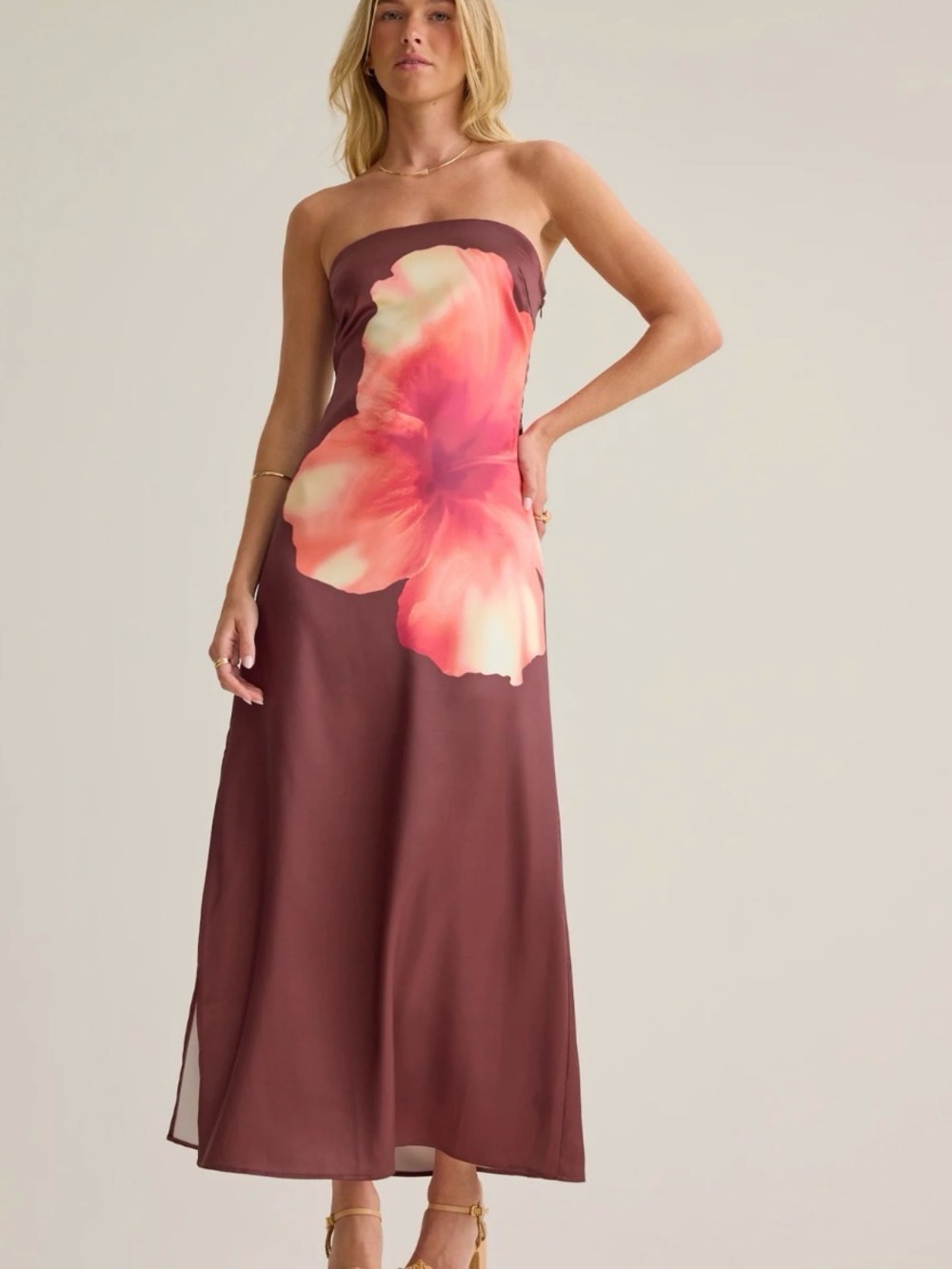 Altar'd State Strapless Maxi Dress in Brown with Coral Floral